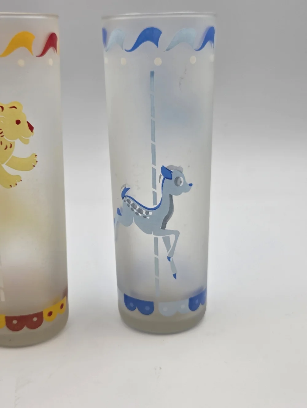 Libbey Frosted Carousel Tumblers Lion & Deer/Fawn Glass 7” Set Of 2